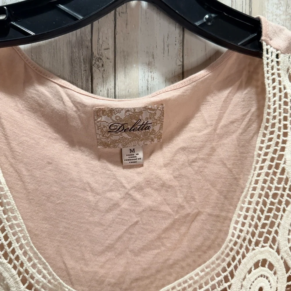 Deletta Blush Pink Tiered Eyelet Tank with White Crochet Yoke - Picture 3 of 7